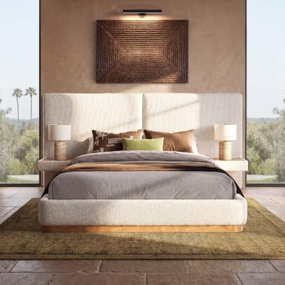 Queen Beige Platform Bed Frame with Curved Headboard, view 4
