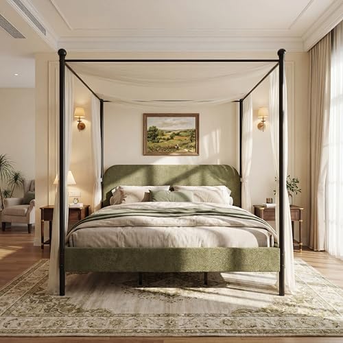 King Size Upholstered Canopy Bed Frame with Boucle Fabric, view 2