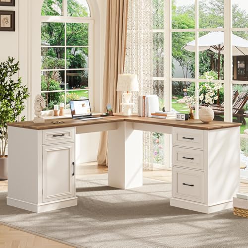 Farmhouse 59" L-Shaped Executive Desk with Drawers, Wood Home Office Corner Desk with Charging Station, File Drawer, Storage Cabinet, Rustic Computer Writing Desk for Home Office (Unique White)