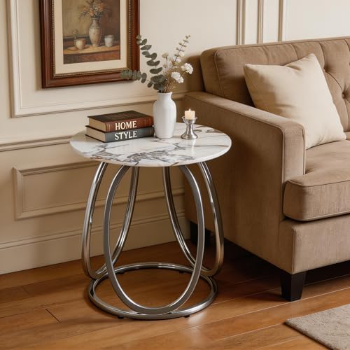 Silver Side Table Living Room, Round End Table with Metal Frame, Modern Nightstand for Small Spaces, Bedroom, Home Office, 1PC