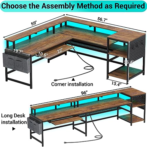 L Shaped Computer Desk, Reversible Computer Desks, L Shaped Desk with Power Outlets & LED Strip, Monitor Shelf, Keyboard Tray, Pegboard and Storage Shelves for Home Office, Rustic Brown