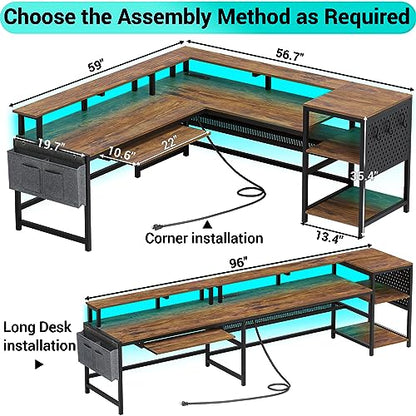 L Shaped Computer Desk, Reversible Computer Desks, L Shaped Desk with Power Outlets & LED Strip, Monitor Shelf, Keyboard Tray, Pegboard and Storage Shelves for Home Office, Rustic Brown