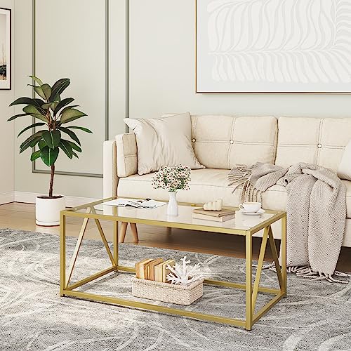 Glass Coffee Table, Gold Coffee Tables for Living Room, Gold Glass Coffee Table,1 Layer Center Table, Modern, for Apartment, Office, 39.4 x 19.7 x 17.7 Inches, Easy Assembly, Golden GD04KF01