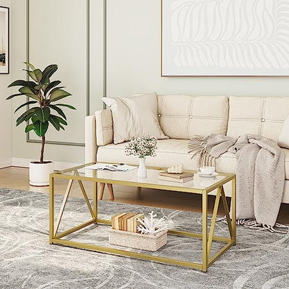 Glass Coffee Table, Gold Coffee Tables for Living Room, Gold Glass Coffee Table,1 Layer Center Table, Modern, for Apartment, Office, 39.4 x 19.7 x 17.7 Inches, Easy Assembly, Golden GD04KF01