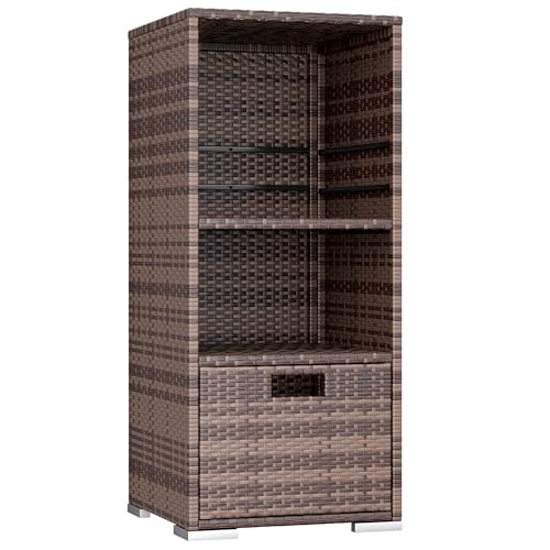 Outdoor Pool Towel Rack Patio Waterproof Rattan Wicker Storage Cabinet Shed with Shelves & Drawer (Brown)