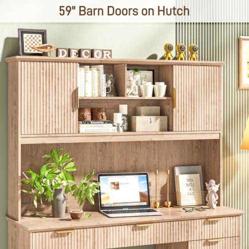 Farmhouse Executive Desk with 5 Drawers & 3 Storage Cabinets,Oak, view 4