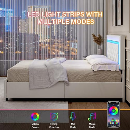 King Size Bed Frame with LED Lights and Storage Drawers, Upholstered Platform Bed with Diamond Tufted Headboard, Wooden Slats Support, No Box Spring Needed, Easy Assembly, White