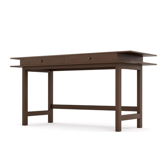 Double-Top Solid Wood Desk - 60-Inch Mid-Century Modern Writing Table with Drawers for Home Office, Study, and Creation, Rubberwood Computer Desk in Black Walnut