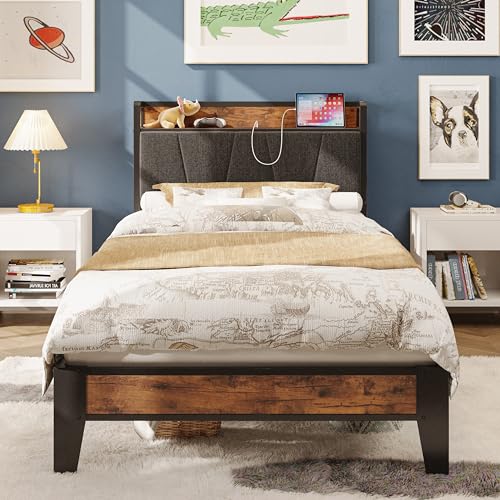 Twin XL Bed Frame with Storage Headboard and Charging Station, view 2