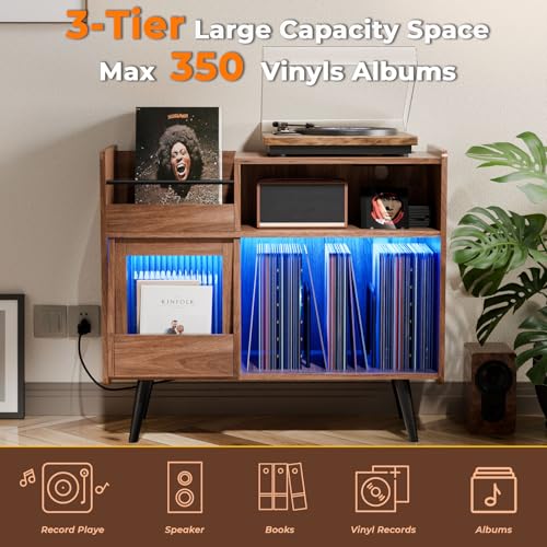 Large Record Player Stand,Turntable Stand Shelf w/Power Outlet & LED Light, view 4