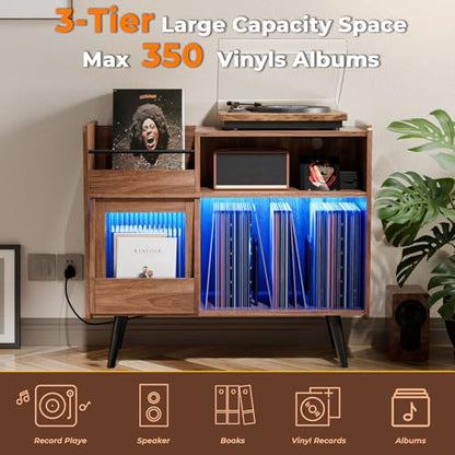 Large Record Player Stand,Turntable Stand Shelf w/Power Outlet & LED Light, view 4