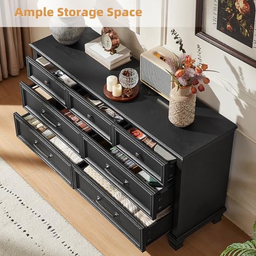Farmhouse Dresser and Nightstand Sets 2 Piece, 7 Drawer Dresser & 2 Drawer Nightstand Set, Rustic Wood Bedroom Furniture Set for Home, Bedroom, Hallway, Black