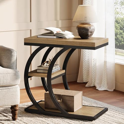 Tribesigns End Table for Living Room, 3-Tier Narrow Wood Couch C-Shaped Side Table with Storage, Industrial Nightstand for Bedroom, Small Spaces, Natural