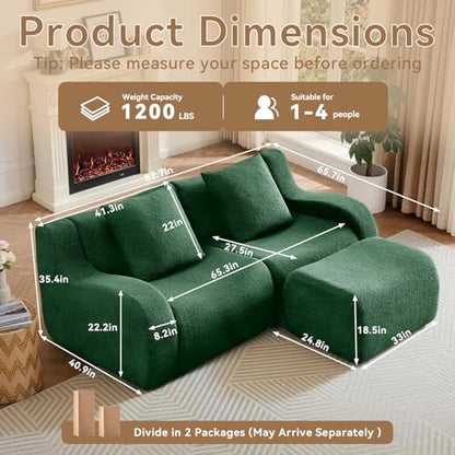 81.7” Sectional Boneless Sofa Couches, 2 Seater L-Shaped, Streamlined Design, No Assembly Modular Teddy Fabric Sofa for Living Room, Bedroom, Apartment, Home Office (Green)