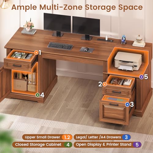 Farmhouse Executive Desk, 62'' Home Office Desk with File Drawers, view 4
