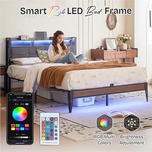 Upholstered Platform Bed Frame with Charging Station and Light Strips, Black, view 4