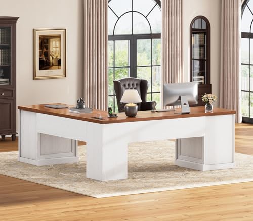 L Shaped Desk with 4 Drawers, 67"x 67" Executive Home Office Desk with File Drawers & Storage Cabinet, Corner Computer Desk with Power Strip for Bedroom, Brown+White