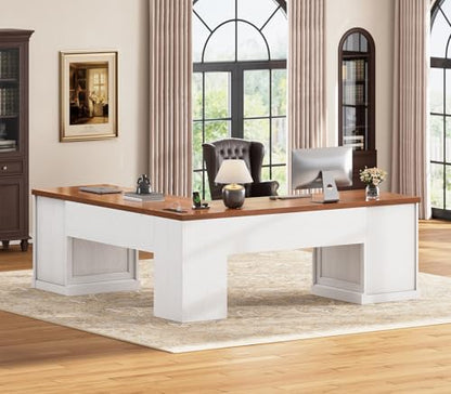 L Shaped Desk with 4 Drawers, 67"x 67" Executive Home Office Desk with File Drawers & Storage Cabinet, Corner Computer Desk with Power Strip for Bedroom, Brown+White