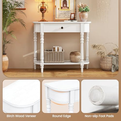2-Tier Narrow Console Table, 36" White Entryway Table with Storage Drawer & Elegant Legs, Wooden Sofa Table with Open Shelf for Living Room, Foyer, Hallway, Bedroom, Entrance