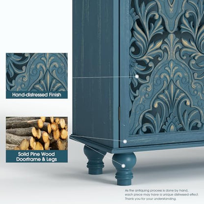 47" Tall Accent Cabinet with Carved Doors & Storage for Living Room | Vertical Storage for Dining Room,Bedroom, Carved Floral Design, Farmhouse & Rustic Style, Adjustable Shelves, Easy Assembly