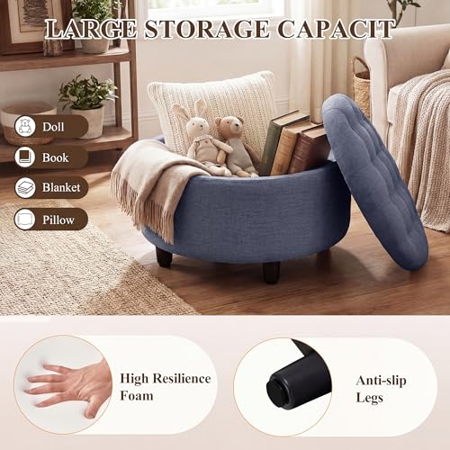 Fabric Round Storage Ottoman with Reversible Tray Lid – Multi-Functional Footrest, Hidden Storage, Sturdy & Stylish Small Coffee Table for Living Room, Bedroom, or Entryway(Blue)