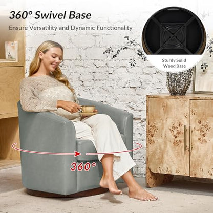 Genuine Leather Swivel Barrel Chair, Round Swivel Accent Chair with Solid Wood Base, No Assembly Required, Sage