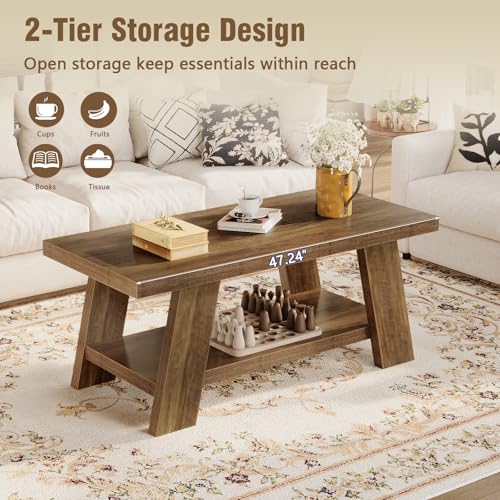 47.24" Coffee Table for Living Room, Farmhouse Wooden Coffee Table with Storage, Rectangle Rustic Accent Center Table with for Home Apartment Office, Retro Brown