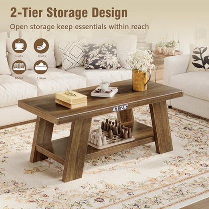 47.24" Coffee Table for Living Room, Farmhouse Wooden Coffee Table with Storage, Rectangle Rustic Accent Center Table with for Home Apartment Office, Retro Brown