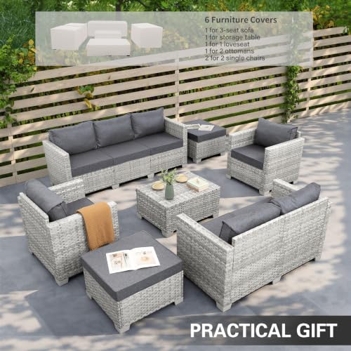 Patio Furniture Set 7 Piece Grey Wicker Outdoor Conversation Sets PE Rattan Sectional Sofa with Storage Coffee Table and Anti-Slip Grey Cushion