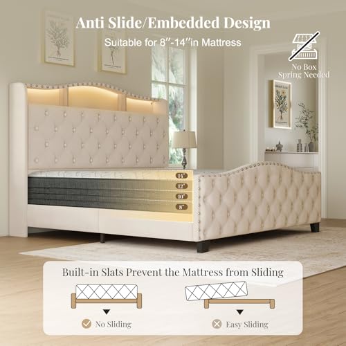 Platform Bed Frame with 50.9" LED Headboard, Queen Beige, view 6