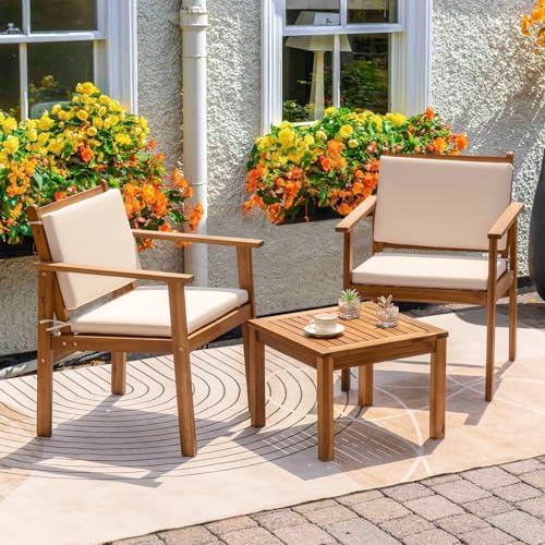 Outdoor Patio Furniture, 3 Piece Bistro Sofa Set with 1 Coffee Table and 2 Chairs, Acacia Wood Conversation Sets with Cushions, for Garden, Backyard, Poolside, White