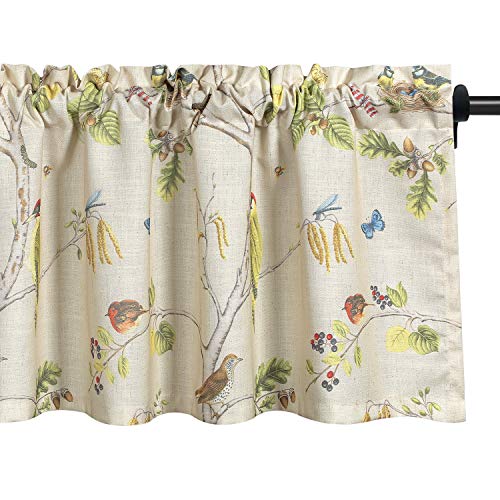 Birds Print Kitchen Curtains Valance, Country Style Faux Linen Curtain Panels for Living Room, Decorative Rod Pocket Valances for Bathroom Bedroom Windows, 1 Panel, 52x18