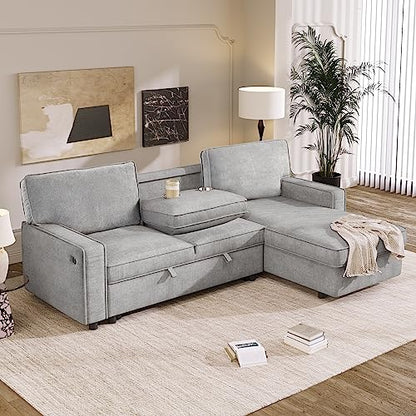 LUMISOL 89" Convertible Sleeper Sofa Bed, Modern L-Shaped Sectional Sofa Pull Out Couch with Chaise, Upholstered Sofa Bed with Cup Holder, USB Ports for Living Room, Small Apartment, Gray