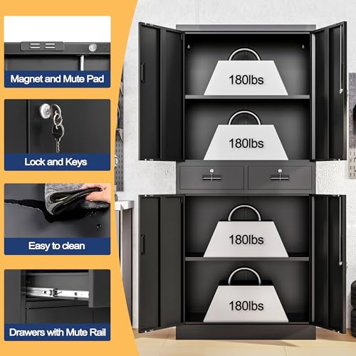 Metal Storage Cabinet, 71" Locking Storage Cabinet with Adjustable Shelves and 2 Drawers, Steel Cabinets for Office, Garage, Home, School, Utility Room(Black)
