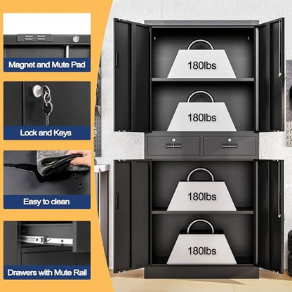 Metal Storage Cabinet, 71" Locking Storage Cabinet with Adjustable Shelves and 2 Drawers, Steel Cabinets for Office, Garage, Home, School, Utility Room(Black)