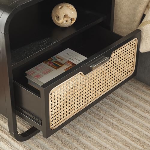 SAFAVIEH Home Collection Yates Black/Natural Rattan 1-Drawer Nightstand Bedside Accent Table (Fully Assembled)