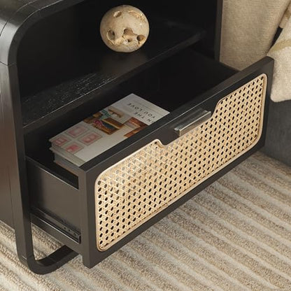 SAFAVIEH Home Collection Yates Black/Natural Rattan 1-Drawer Nightstand Bedside Accent Table (Fully Assembled)