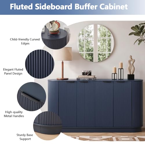 Modern Sideboard Buffet Cabinet with Storage, 59” Curved Credenza,Blue, view 5