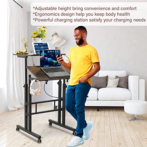 Mobile Standing Desk with Wheels, Rolling Desk Adjustable Height, Portable Laptop Table with Charging Station, Sit Stand up for Home Office, Study, Classroom, Rustic Brown