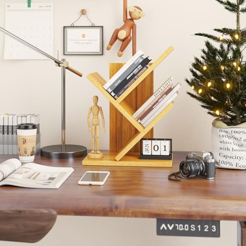 2 Tier Tree Bookshelf, Small Bookcase, Modern Wood Book Storage Rack Organizer, Freestanding Book Shelf for Books/Movies/CDs, Display Rack for Bedroom, Home Office, Natural UHBC012N