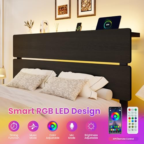 Queen Bed Frame LED Lighting Charging Storage, view 6