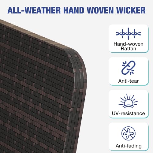 Patio Conversation Set 5 Piece, Balcony Furniture Outdoor PE Rattan Wicker Lounge Chairs with Soft Cushions, 2 Ottomans & Glass Table for Porch Lawn, Brown (Blue Cushions