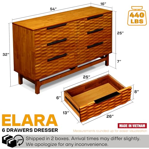 Acacia Elara 54" Solid Wood Dresser with 6 Drawers, Caramel, view 3