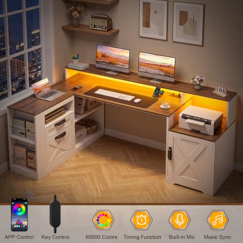 L Shaped Executive Desk with Drawers & Outlets, LED Lights, view 6