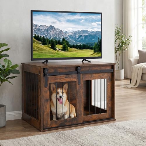 Farmhouse Wooden Dog Crate Furniture with Sliding Barn Door, view 3
