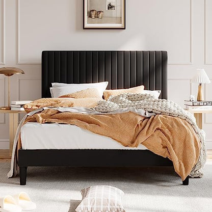 Queen Velvet Platform Bed Black, view 2