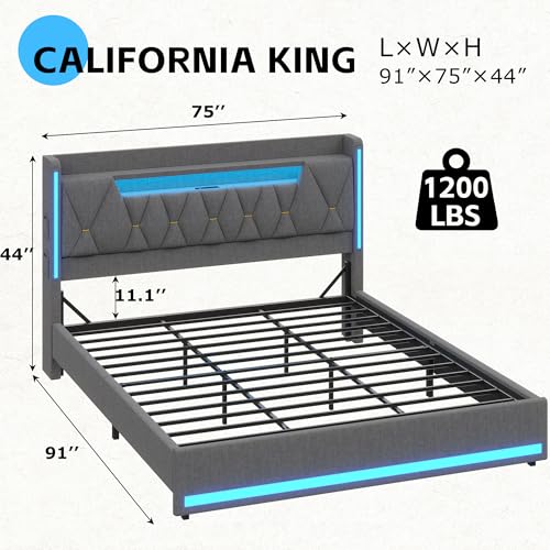 California King Bed Frames with Storage Headboard and LED Lights, view 3
