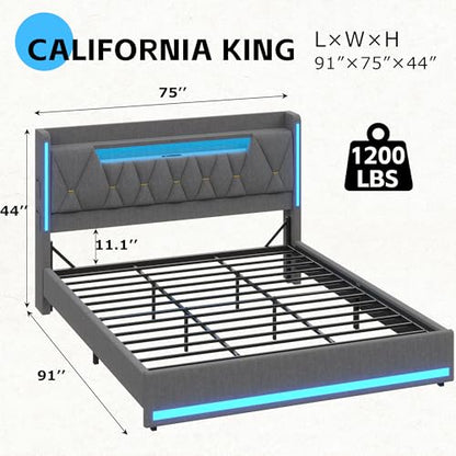 California King Bed Frames with Storage Headboard and LED Lights, view 3