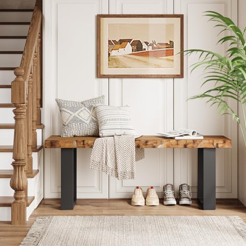 47" Solid Wood Entryway Bench, Industrial Wooden Shoe Bench with Metal Legs, Narrow Long End of Bed Bench for Bedroom, Living Room, Small Space, Easy Assembly