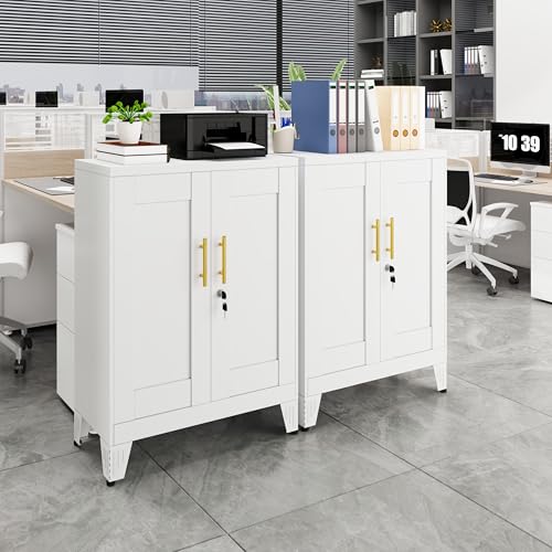 36" White Floor Storage Cabinet, Locked Metal Storage Cabinets with 2 Doors and 2 Adjustable Shelves, Sideboard Buffet Cabient, Freestanding Cabinet for Home/Office/Garage/Tool Room/Bathroom